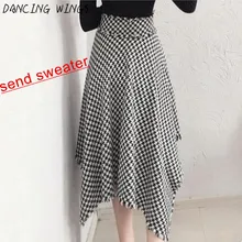 Брендовые женские шерстяные юбки, Осень-зима, женские асимметричные юбки с высокой талией, клетчатая Повседневная трапециевидная юбка-зонтик, Saia Midi