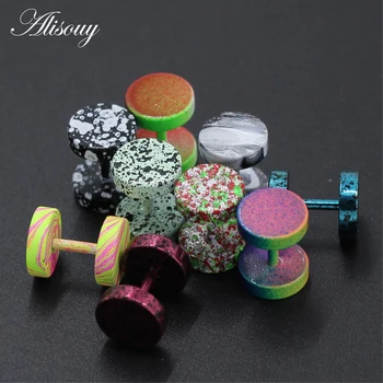

Alisouy 1 pair fashion men cool fake ear plugs Round stud earrings 8mm stainless steel Nightclub candy color Paint Punk jewelry