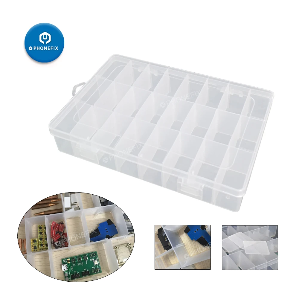 

PHONEFIX 24 Compartment Transparent Plastic Storage Box for Phone Accessories Replacement Parts Container Practical Organizer