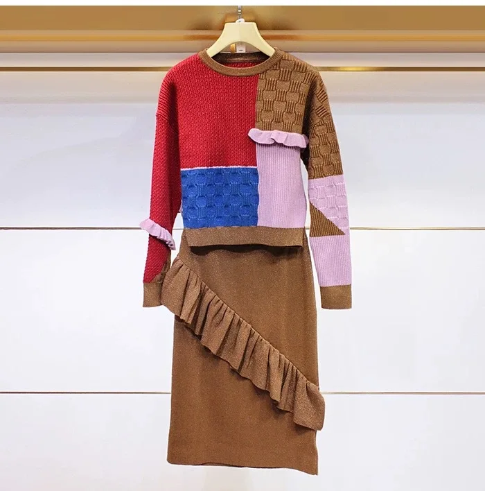 Высококачественная Женская Зимняя коллекция года, новая Шерстяная трикотажная юбка с воланами и эластичной резинкой на талии+ комплект из свитера с цветным блоком - Цвет: Хаки