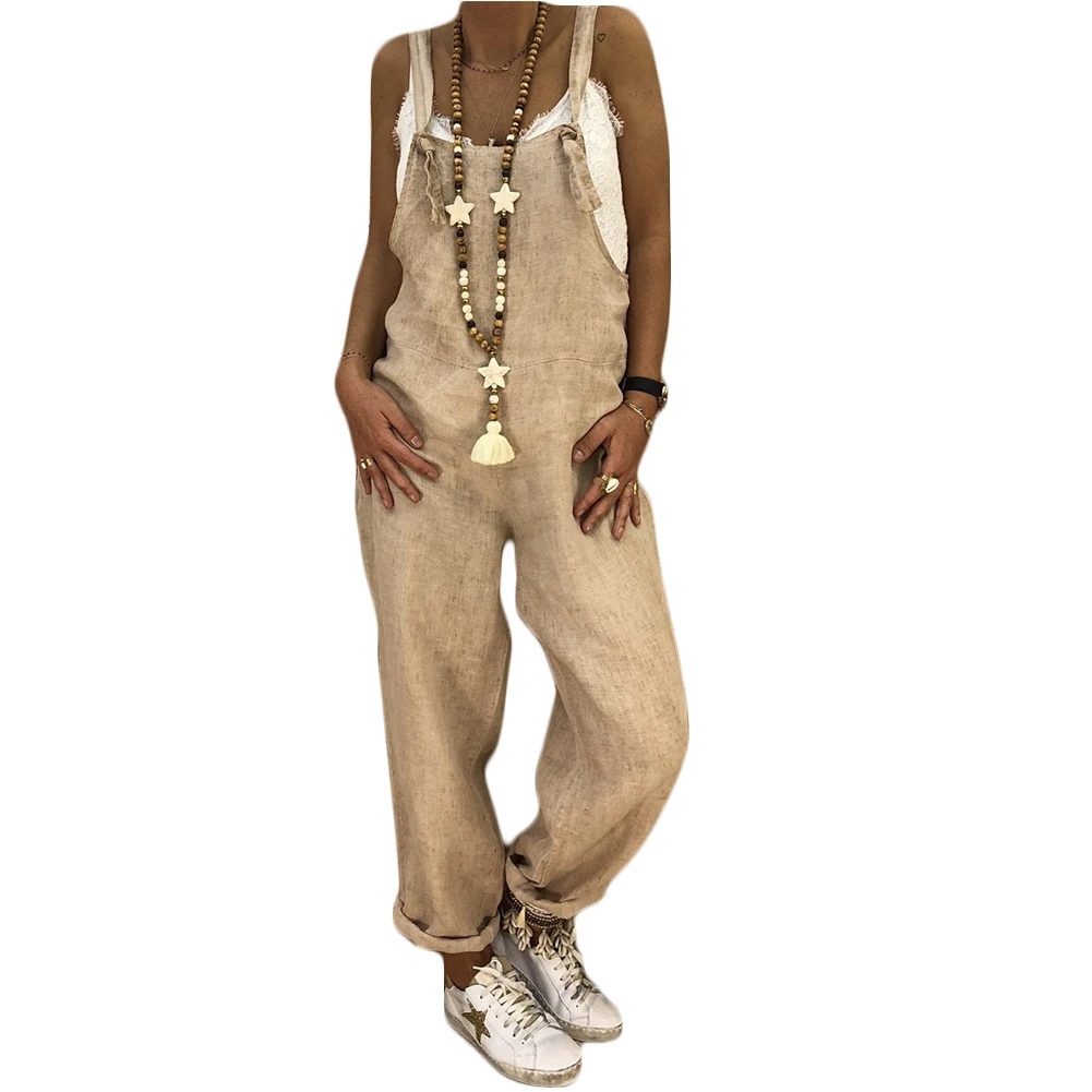 

Womens Jumpsuits Linen Grey Solid Loose Straps Jumpsuits Casual Wide Leg Trousers Girl Overall Linen Pants Khaki Fall Jumpsuits