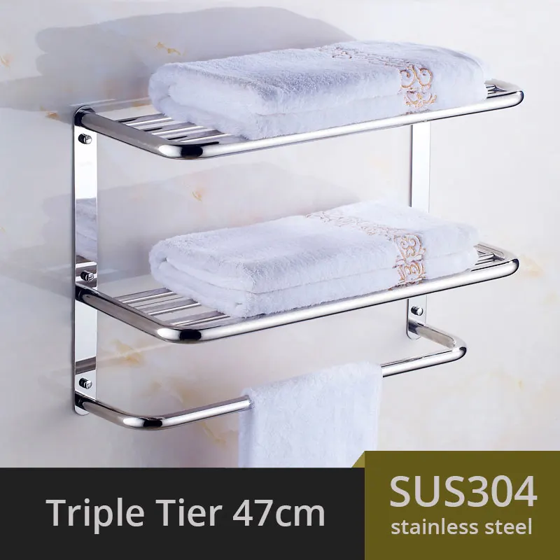 MEIFUJU SUS304 вешалка для полотенец из нержавеющей стали для ванной комнаты держатель для полотенец квадратная Полка для полотенец Полка для ванной комнаты одинарная двойная Тройная стойка - Цвет: Triple Tier 47CM
