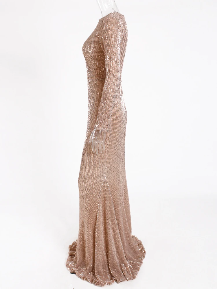 Золотое облегающее эластичное Макси-платье с блестками, узкое, посылка, облегающее, с длинным рукавом, с вырезом лодочкой, с полной подкладкой, элегантное вечернее платье