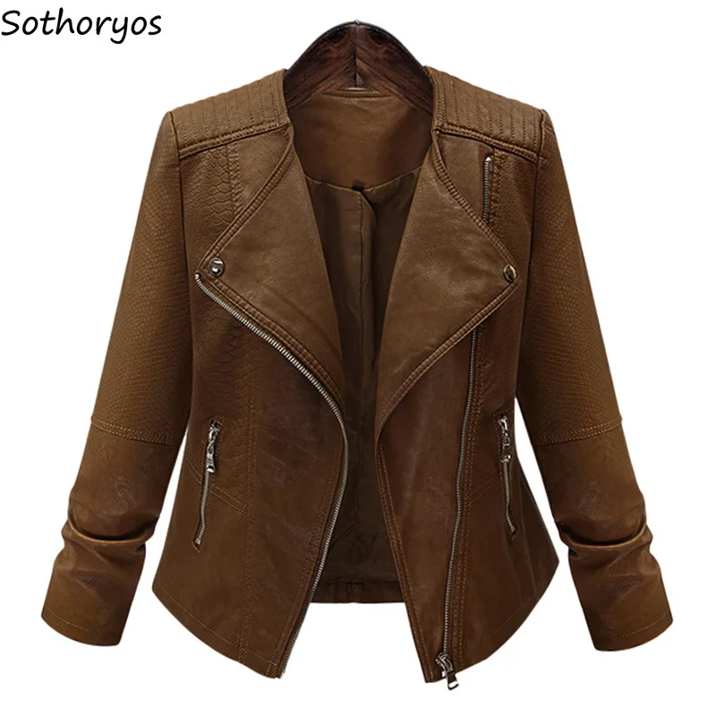 incredible  Jackets for Women PU Leather Plus Size Turn-down Collar Solid All-match Jacket Womens Simple Slim E