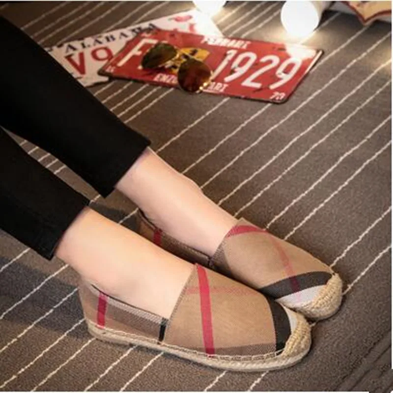 HOT womens espadrilles casual fisherman shoes woman checks grids stripped canvas slip on snickers skate ballet flats loafers
