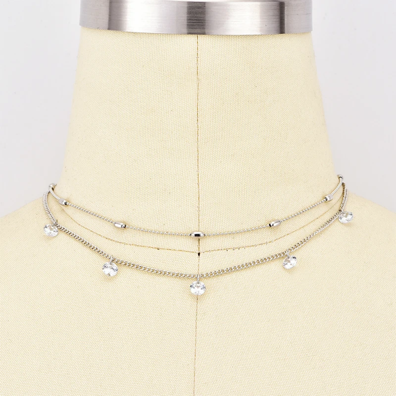 

New Contracted Fashion Necklace Double Beads Crystal Necklace Selling Women's Personality Silver Jewelry Wholesale Necklace