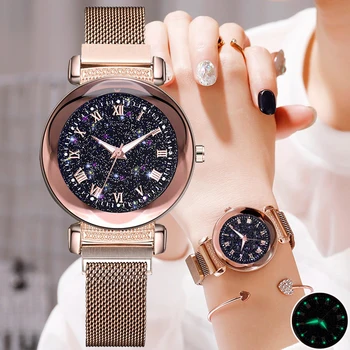 

Women's Fashion Luxury Stainless Steel Magnetic Buckle Strap Watches Geometric Surface Luminous Roma Dial Female Quartz Watch