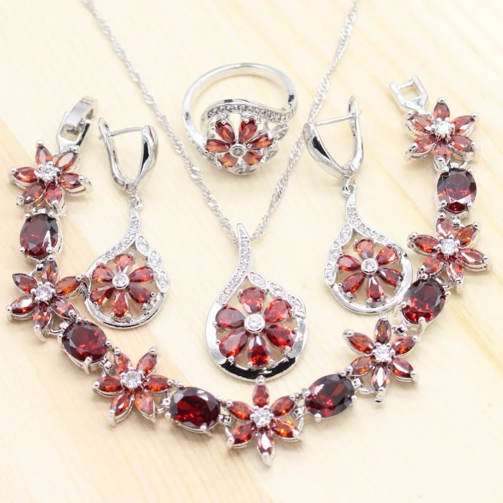 

Women Red Semi-precious Stones 925 Silver Jewelry Sets Flower Shape Ring Earrings Pendant Necklace CZ Bracelet