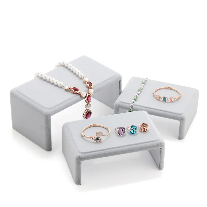 Lot of 3 Gray Velvet Jewelry Display Black Necklace Bracelets Ring