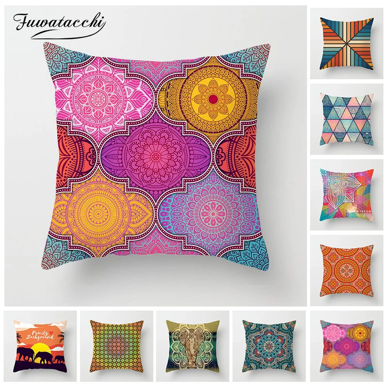 Fuwatacchi Romantic Mandala Cushion Cover Woven Linen Geometric Patchwork Pillow Cover Home Sofa Chair Decoration Pillowcases