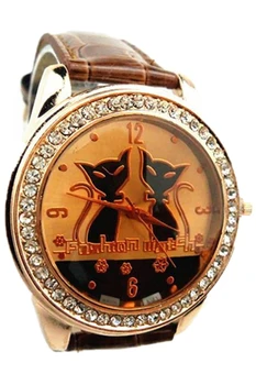 

YCYS!Rhinestone Double Cats Decoration Wrist Watch Coffee