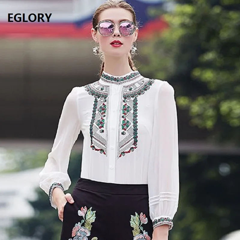 

Vintage Embroidery Blouse 2019 Spring Autumn High Quality Blouses Women Floral Patchwork Elegant Bodysuit Ladie Office Blouses