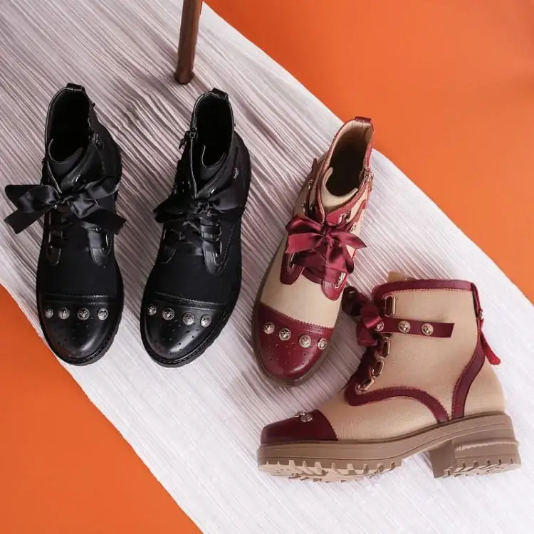 

Mixed Color Patchwork Red Leather Beige Canvas Ankle Boots For Women Round Toe Middle Chunky Heel Riband Lace Brand Shoes Woman