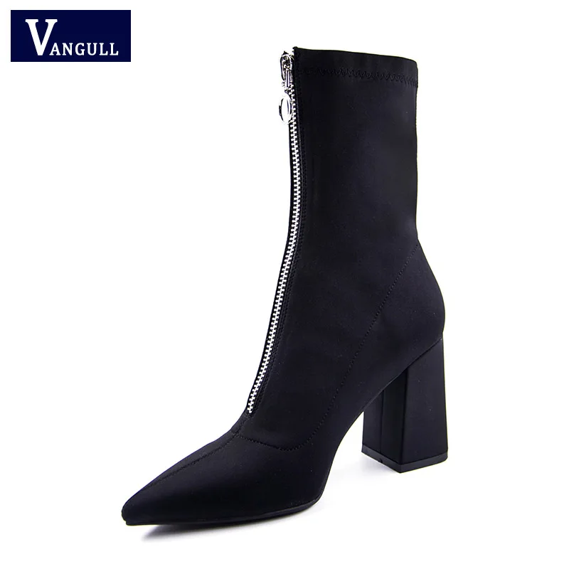 

VANGULL Women Shoes winter Fashion Pointed boots Stretch fabric Front zipper Ankle Boots Martin boots sexy High heels shoes