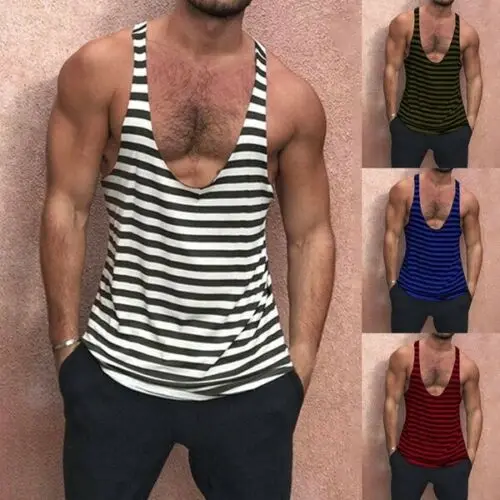 

Men's Casual Stripe Sleeveless Shirt Muscle Fitness Outdoors Tanks Tops Male Sleeveless Striped V-neck Fashion Hot Vest Clothing