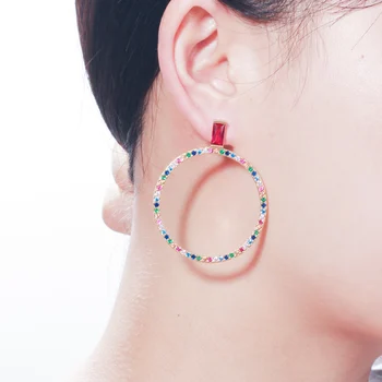 

CWWZircons Brand Designer Gold Color Big Round Circle Colorful CZ Ear Loop Stud Earrings Fashion Jewelry for Women Gift CZ582