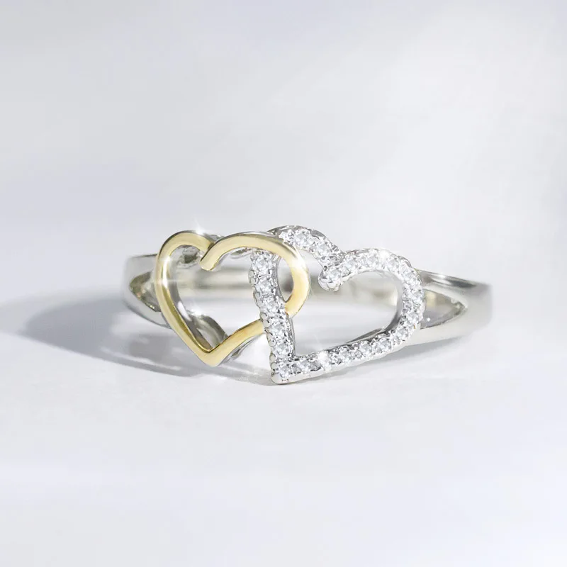 Trendy Double Heart Rings for Women Gold Color & AAA Zircon Fashion Jewelry For Lovers Bijoux Anillos Daily Wear Bague B2300 (5)