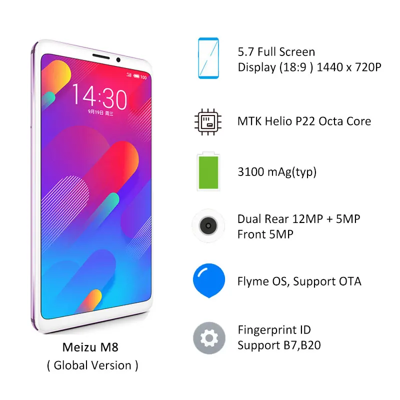 Meizu M8, глобальная версия, V8, 4 ГБ, 64 ГБ rom, мобильный телефон MTK Helio P22, четыре ядра, 5,7 дюймов, 18:9, 1440X720 P, двойная задняя камера, отпечаток пальца, M813H