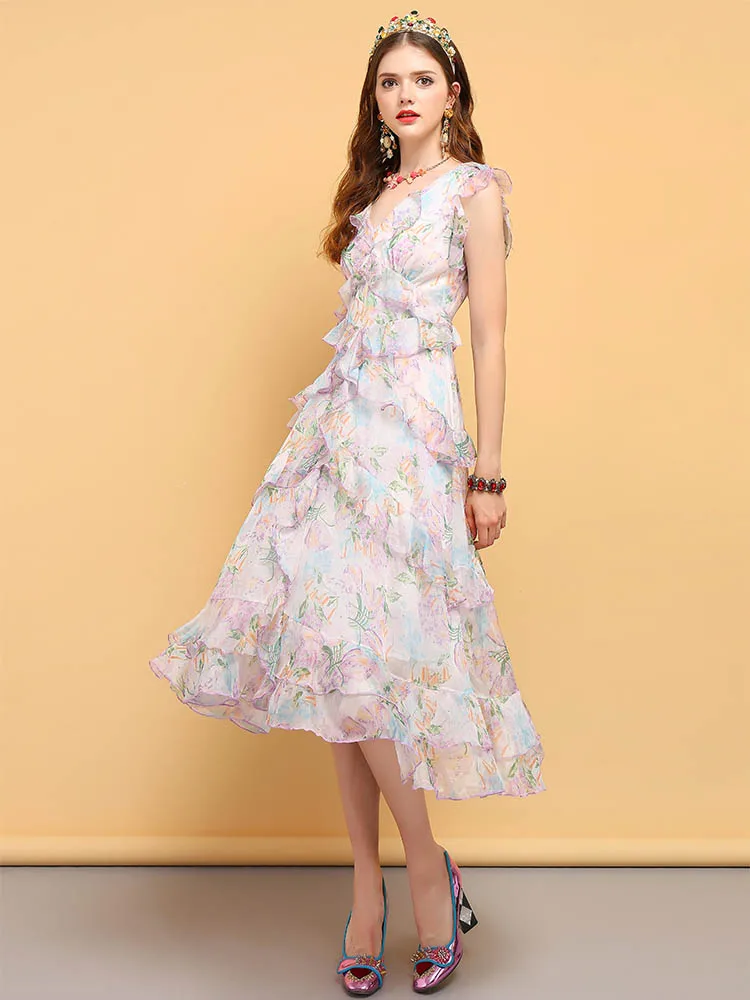 LD LINDA Делла, модное дизайнерское летнее винтажное платье, женские сексуальные платья с v-образным вырезом и оборками, с бантом, с цветочным принтом, элегантные платья для отпуска - Цвет: Многоцветный