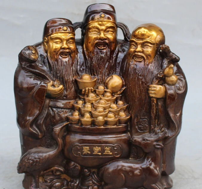 

xd 002036 11"Marked Chinese Bronze Gilt Wealth Money Longevity God Fu Lu Shou Crane Statue
