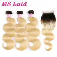 MS Lula Hair Ombre Brazilian 1b/613 Blonde Dark Roots Body Wave Weave 3 Bundles With 4X4 Closure 100% Human Remy Hair Extensions