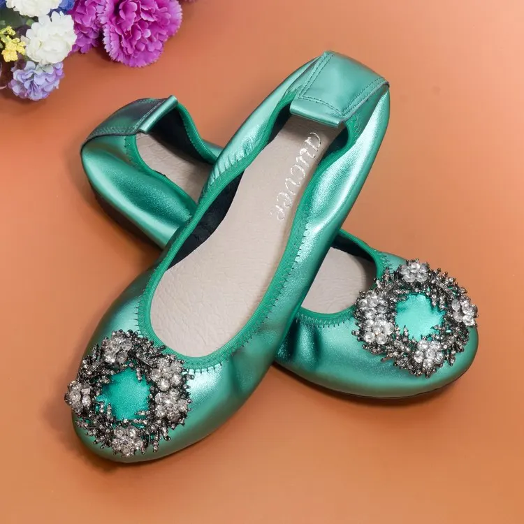 Plus Size 34-43 Ladies Flat Shoes Fashion Bling Rhinestone Women Flats Casual Genuine Leather Ballet Flats Fold Up Gold Shoes (15)
