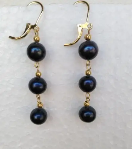 

NEW HOT 9-10MM BLACK SOUTH SEA PEARL DANGLE EARRING 14K YELLOW GOLD