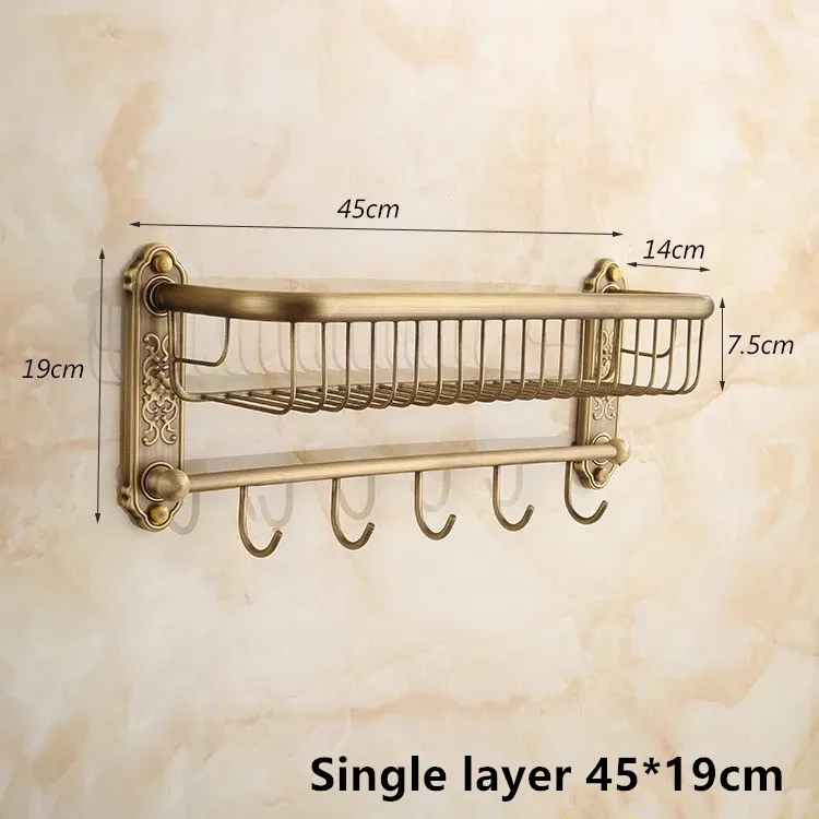 Античная латунная полка для ванной комнаты в европейском стиле, косметический держатель, полка для ванной комнаты с крючками, корзина для ванной комнаты, полка 40 см - Цвет: single layer