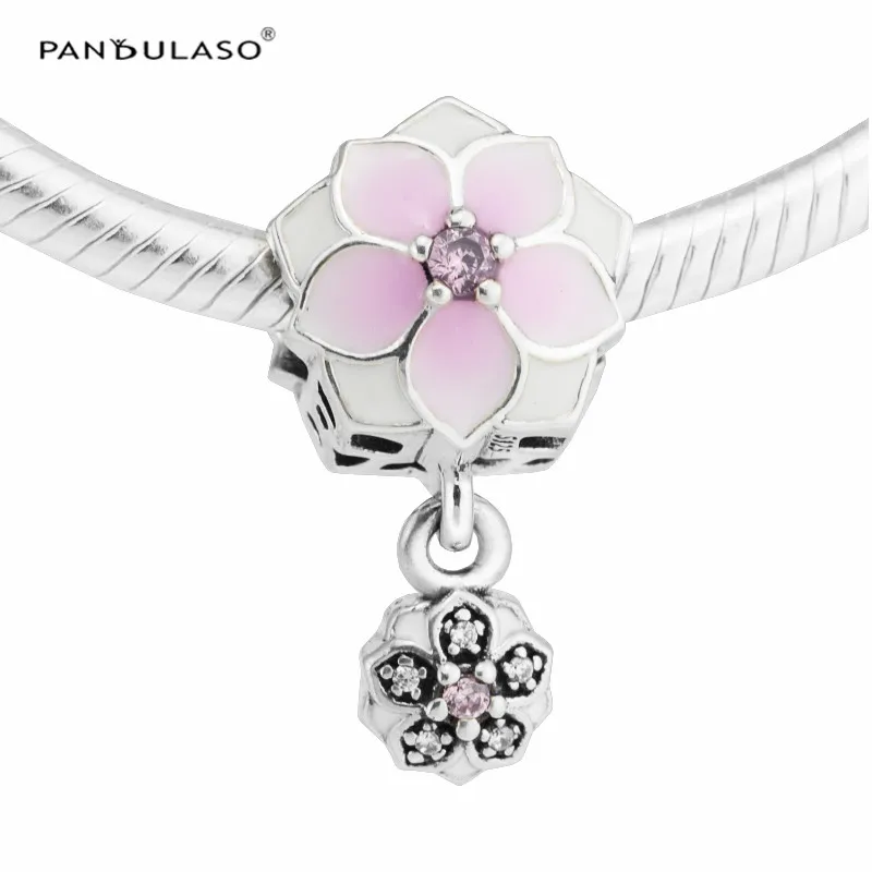 

Pandulaso Magnolia Bloom Silver Beads Fit Charms Bracelets & Bangles Spring DIY Jewelry Pink Flowers Beads for Jewelry Making