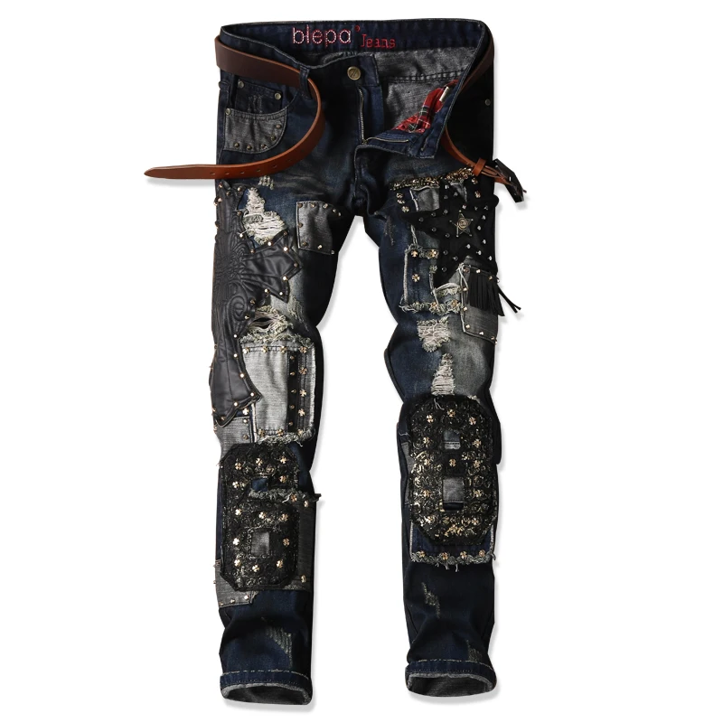 Men's Skinny Jeans with Rivet Men Brand Designer Ripped Jeans
