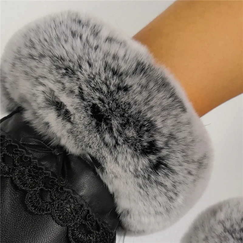 Женские кожаные перчатки теплые осень-зима мягкая отделка мехом кролика мех наручные бархатные носки кораллового цвета с натуральным мехом Элегантные Перчатки