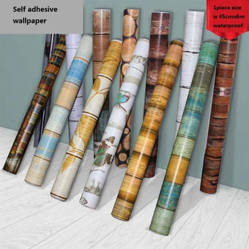 

Mediterranean Living Room Bedroom Self-adhesive Wood Grain Wallpaper Home Decor Bookcase Door Furniture Renovation Wall Sticker