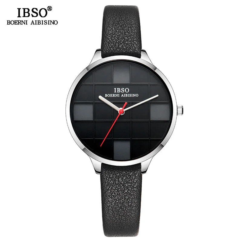 IBSO, женские кварцевые часы, дизайн, клетчатый ремешок из натуральной кожи, женские кварцевые часы, женские водонепроницаемые часы, Montre Femme - Цвет: Black Silver