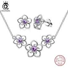 ORSA JEWELS Настоящее серебро 925 пробы ювелирные наборы выдолбленные цветок дизайн с фиолетовым AAA CZ партии ожерелье серьги SS23-P