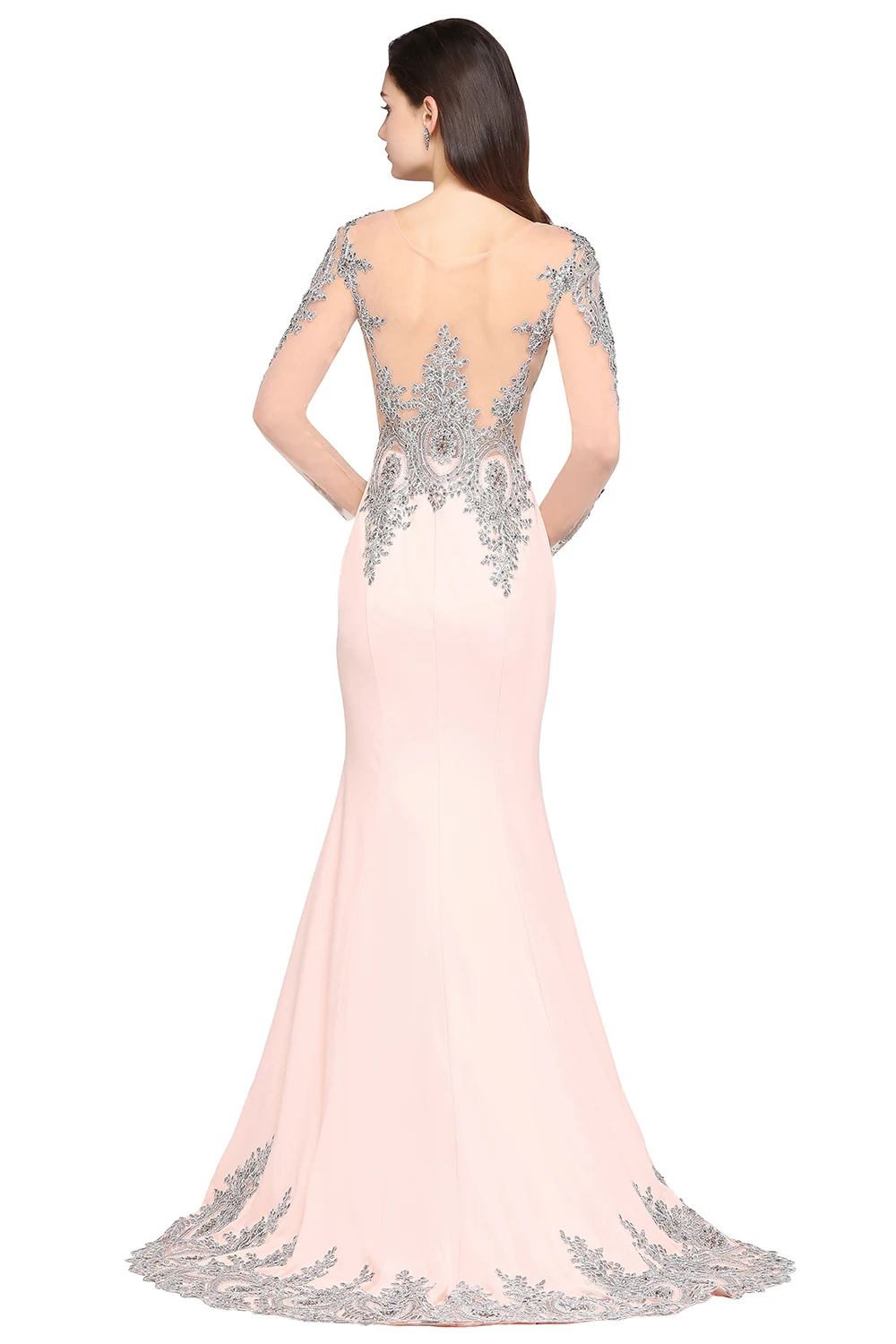 Vestido de Festa Sexy Sheer Back Sliver Beaded Lace Pink Mermaid Evening Dress Long Sleeve Evening Gown Robe de Soiree