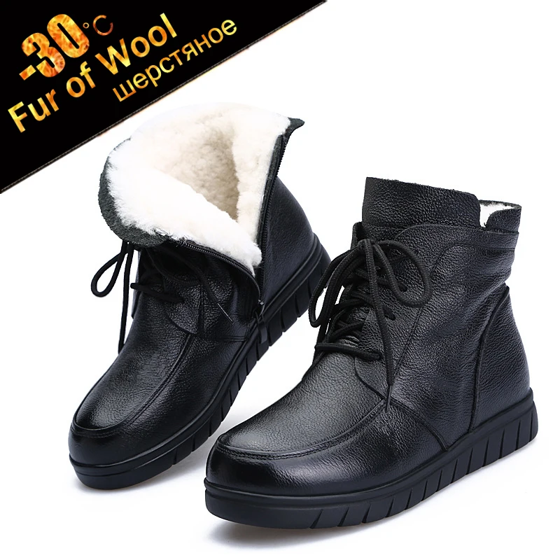 30℃ Wool Fur warm Cow Leather ankle boots women winter Genuine Leather Flat platform botas black Lace up plush snow shoes