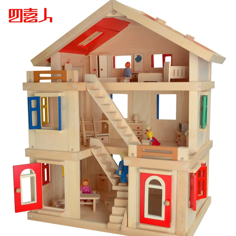 Free shipping Model toy diy solid wood child big doll house building