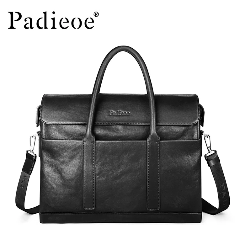 Padieoe модный мужской деловой портфель из воловьей кожи, роскошная кожаная сумка для ноутбука, Мужская черная сумка, Большая вместительная сумка на плечо