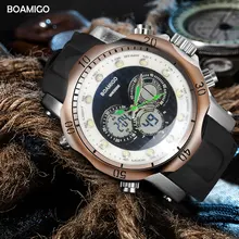 Бренд BOAMIGO, мужские спортивные часы, 2 часовых пояса, цифровой аналог, большие мужские модные часы, резиновые кварцевые наручные часы, relogio masculino
