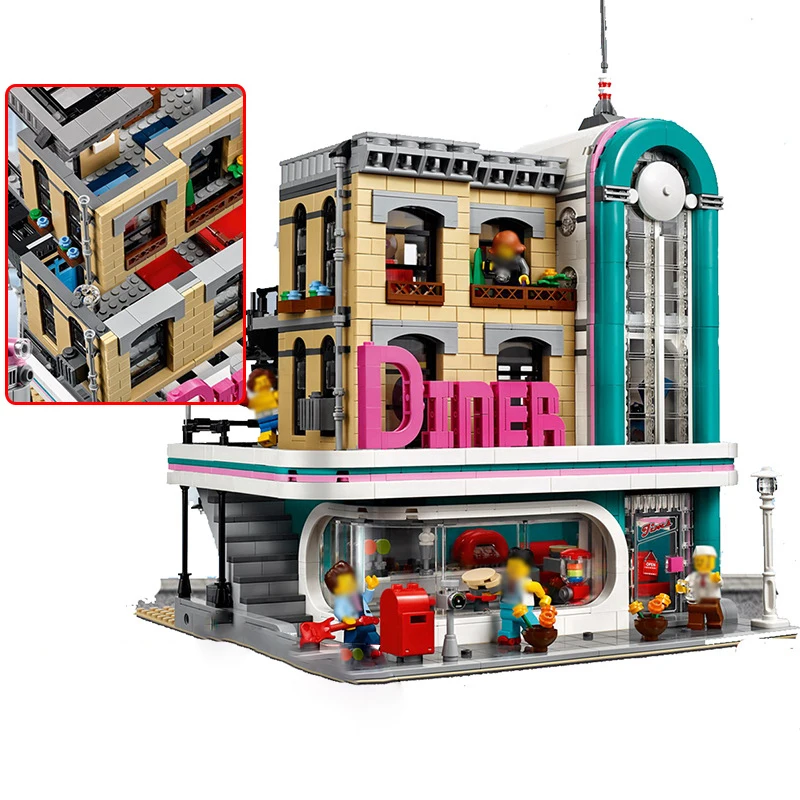 

Lepin 15037 Streetview Downtown Diner Compatible 10260 Restaurant Model Building Kits Blocks Bricks Funny Toys for Children Gift