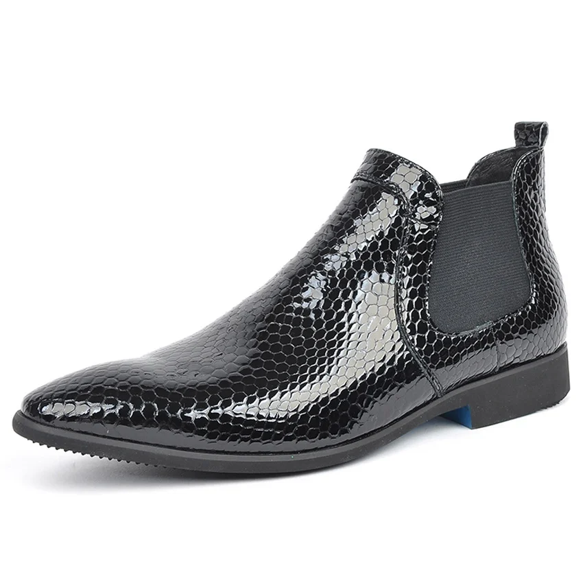 

New Luxury Patent Leather Formal Dress Man Chelsea Ankle Boots Pointed Toe Handmade Men's Cowboy Riding Wedding Shoes AM242