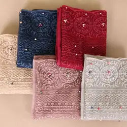 Зимние Для женщин кружевными краями вышивка шарф шарфы мусульманский хиджаб красочные Pearl Tie-dyed Long-шаль арабские бисером обычный цвета