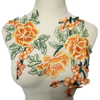 

2PCS Yellow Peony Flowers Leaves Embroidery Fabric Appliques Sew Patches Trimmings For Evening Dress DIY Wedding Decoration