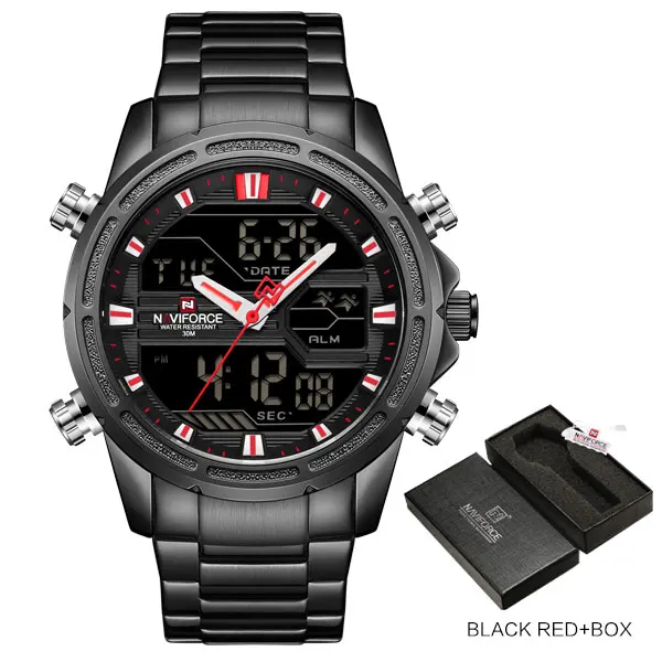NAVIFORCE Роскошные Брендовые мужские спортивные часы мужские кварцевые светодиодный цифровые часы мужские военные наручные часы Relogio Masculino - Цвет: black red box
