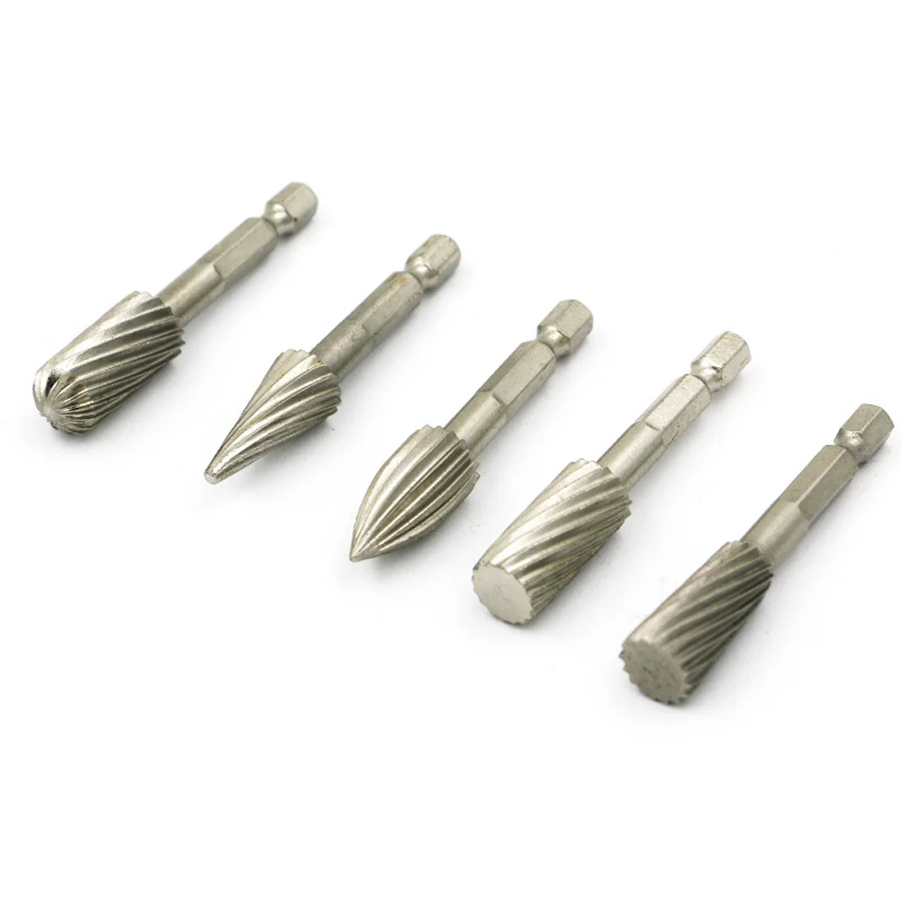 5pcs Woodworking Rotary Burr Set Wood Carving File Rasp Drill Bit 1/4