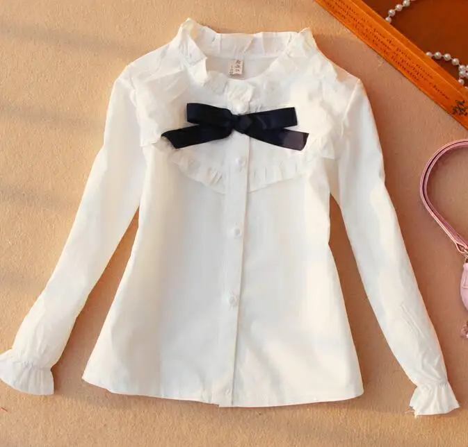 girl white blouse F Новинка; модные белые блузки для девочек; сезон весна; коллекция года; повседневные школьные рубашки для девочек; детская хлопковая блузка с воротником «Мандарин» и длинными рукавами для девочек - Цвет: girl white blouse F