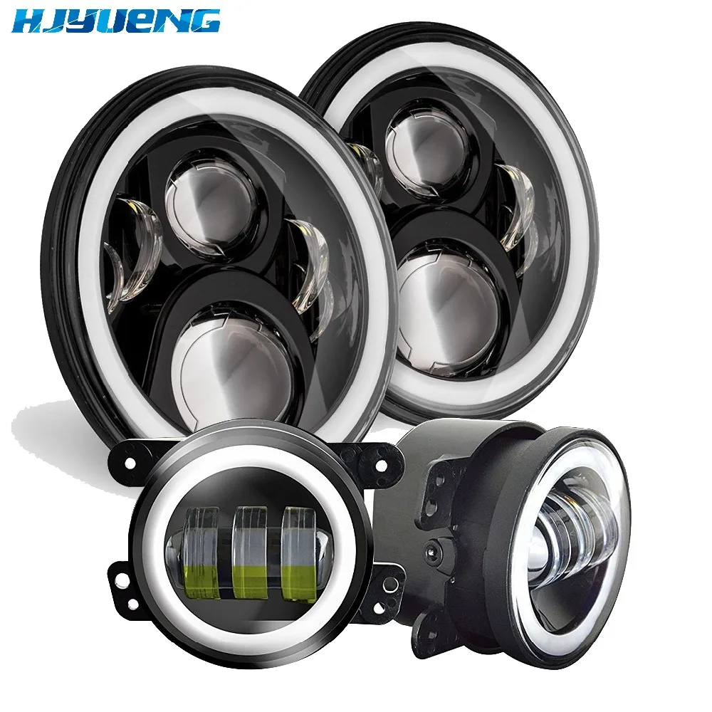

for Jeep Wrangler 7inch LED Headlights with White DRL/Amber Turn Signal + 4inch LED Fog Lights with White DRL Halo Ring