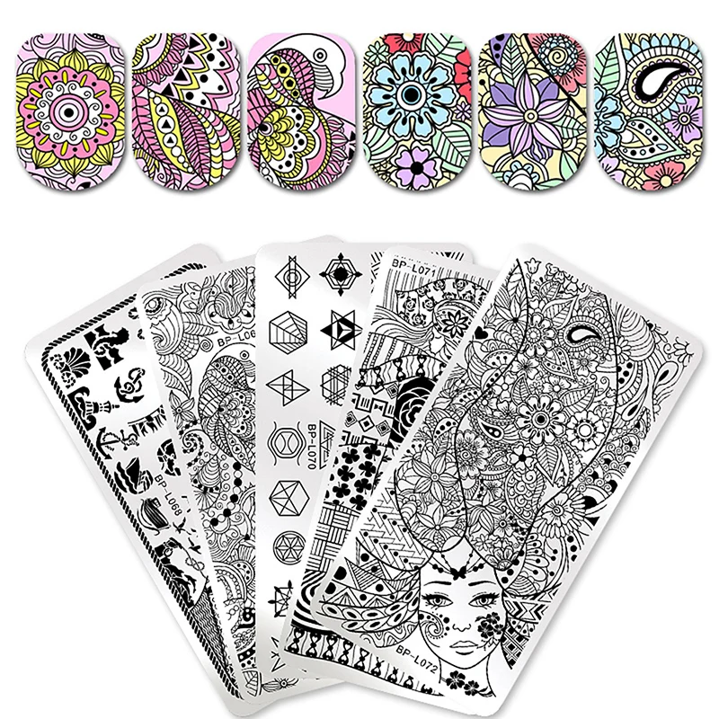 

BORN PRETTY Geometry Stamping Template Rectangle Floral Figure Flower Wave Line Star Voyage Anchor Manicure Nail Art Image Plate