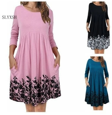 

Maternity dress 2018 Round Neck Easy Pocket Printing Dress Pregnancy Women Clothing Long Sleeve Pregnant Woman Dress