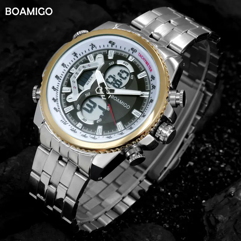 Najtaniej Męskie zegarki z podwójnym wyświetlaczem luksusowe zegarki sportowe zegarek cyfrowy chronograf BOAMIGO wodoodporny zegarek kwarcowy prezent reloj hombre